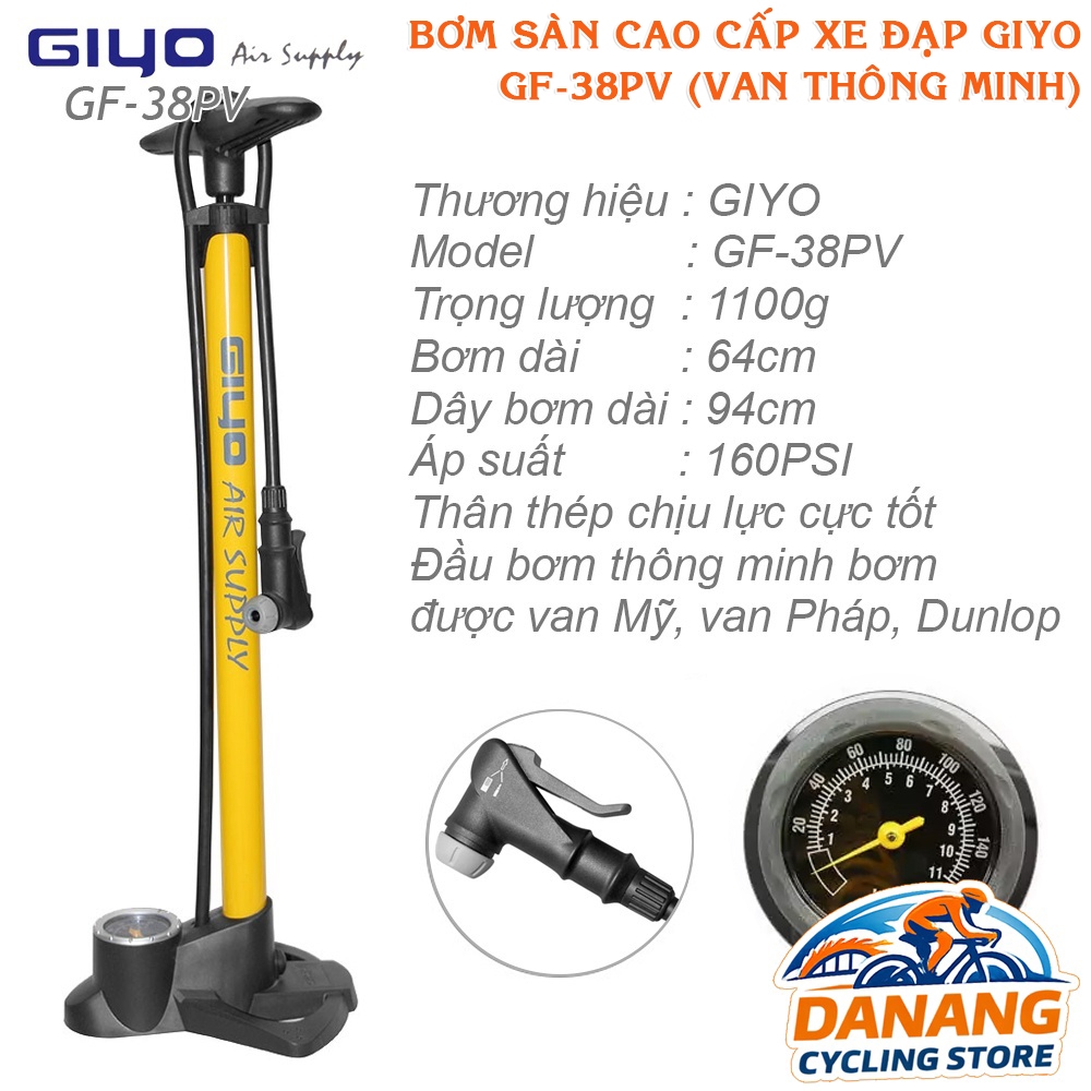 Bơm Sàn Cao Cấp Xe Đạp GIYO GF 38PV – Van Thông Minh Presta/Schrader, Áp Suất Cao 160psi