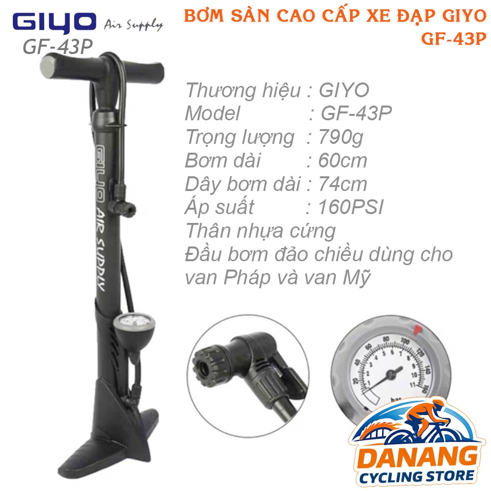 Bơm Sàn Xe Đạp GIYO GF-43P Nhựa – Tặng Đầu Đổi Van Pháp Sang Van Mỹ