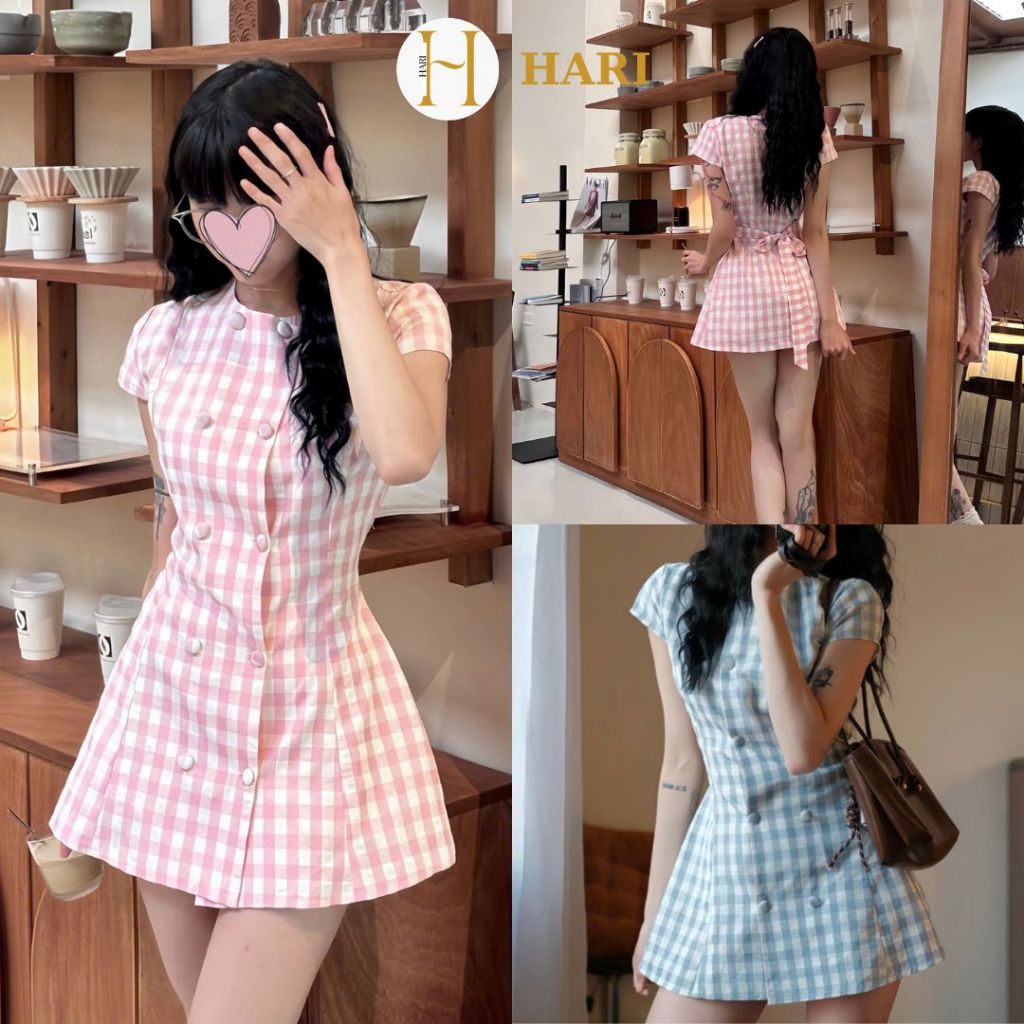 Váy caro Hari pastel dáng chữ A cổ tròn phối nút ngọt ngào 7388 | BigBuy360 - bigbuy360.vn