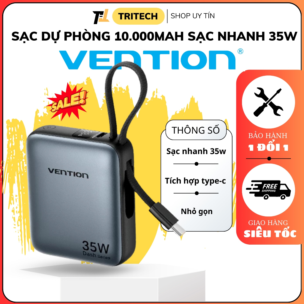 Sạc Dự Phòng 10000mAh Vention 35W PD3.0, Tích Hợp Cáp USB-C, Thiết Kế Nhỏ Gọn Tiện Lợi, Sạc Nhanh An