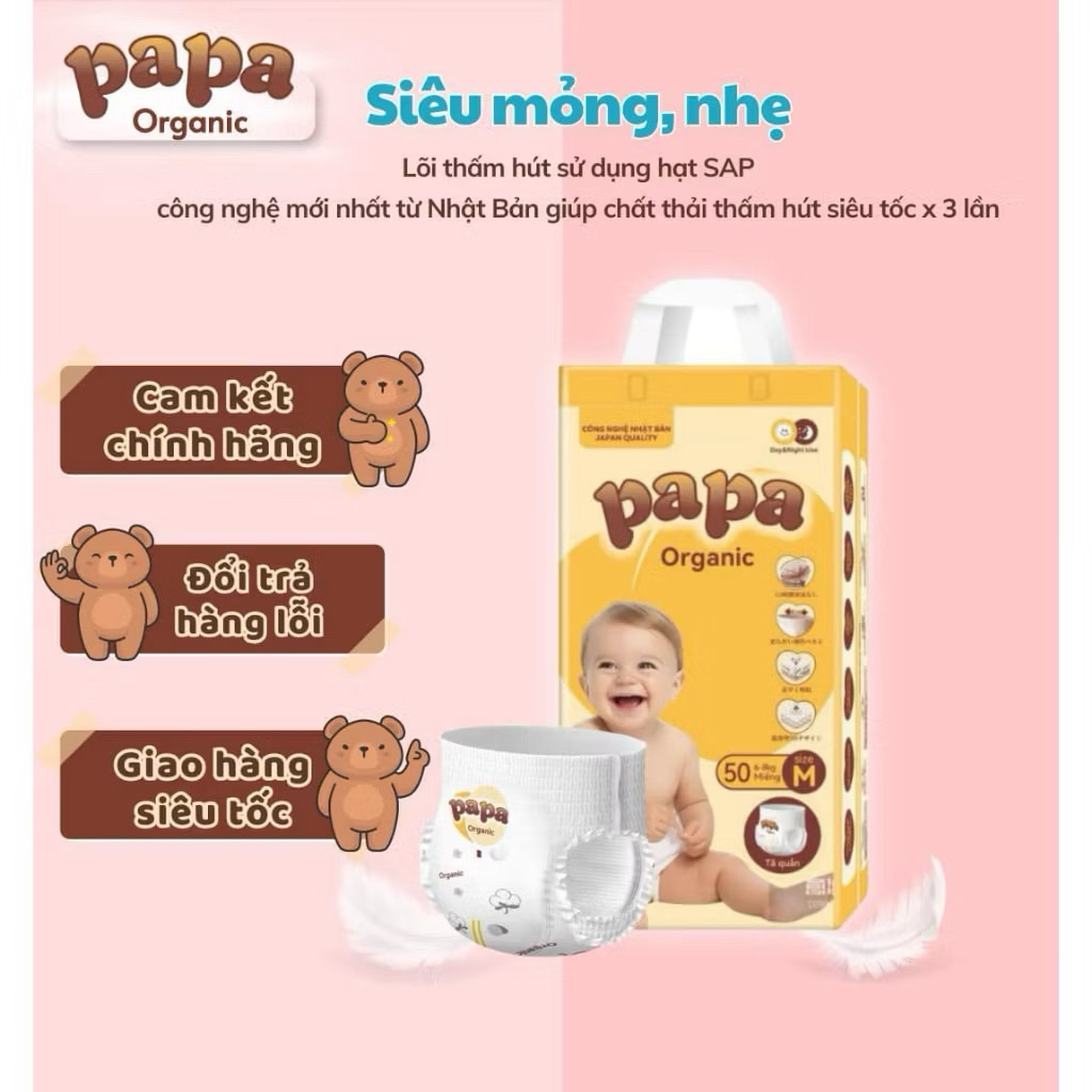 Tã Bỉm Papa Organic thấm hút tốt, mặc xuyên đêm công nghệ Nhật Bản bịch 50 miếng
