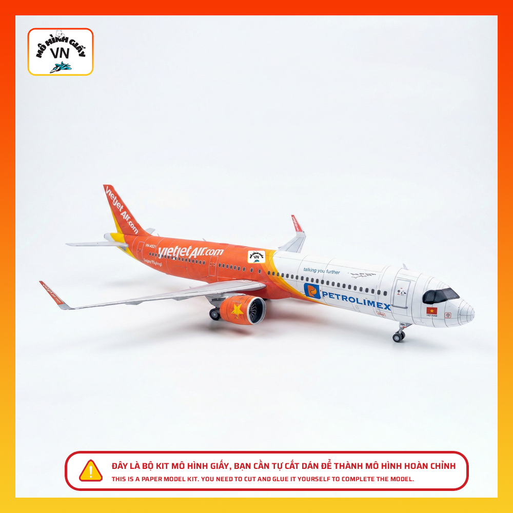 Bộ Kit Lắp Ráp Mô Hình Giấy Máy Bay Airbus A321Neo Vietjet Air (Petrolimex) Tỉ Lệ 1/100 Chất Liệu Gi
