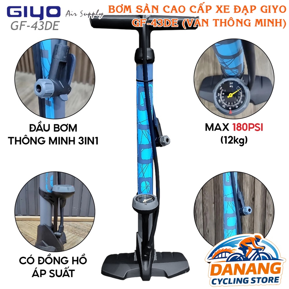 Bơm Sàn Cao Cấp Xe Đạp GIYO GF 43DE – Van Thông Minh Presta/Schrader, Áp Suất Cao 160psi