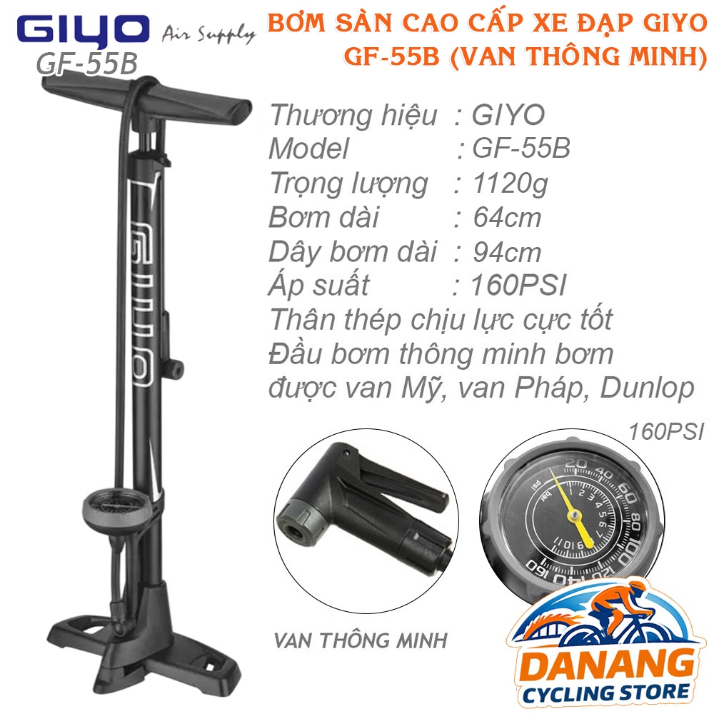 Bơm Sàn Cao Cấp Xe Đạp GIYO GF 55B – Van Thông Minh Presta/Schrader, Áp Suất Cao 160psi