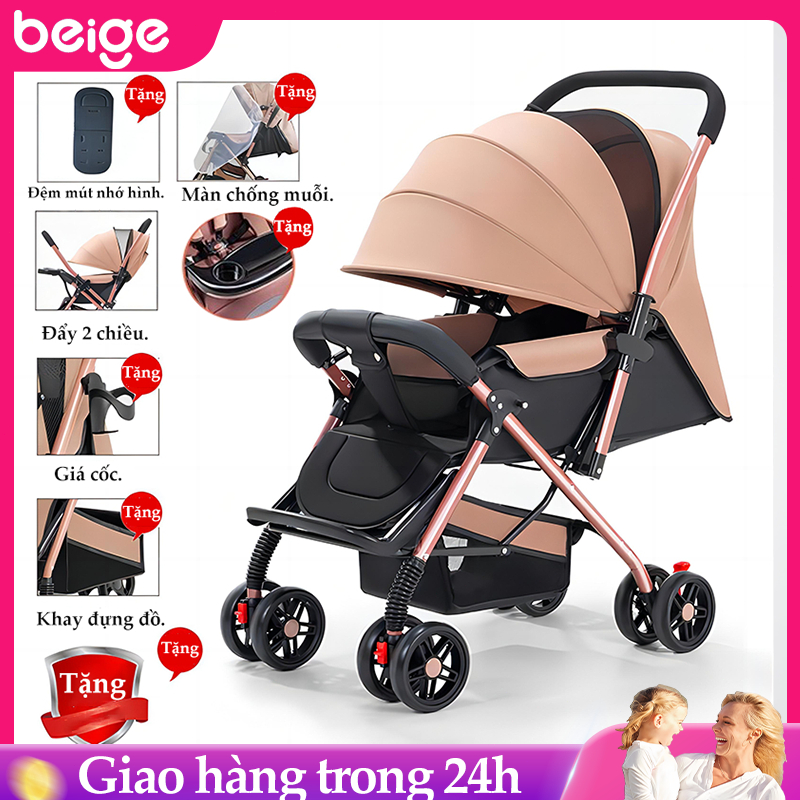 Beige Xe Đẩy Cho Bé, Xe gọn nhẹ, chắc chắn, Đẩy 2 chiều, 3 tư thế nằm, ngả và ngồi. gấp gọn dễ dàng