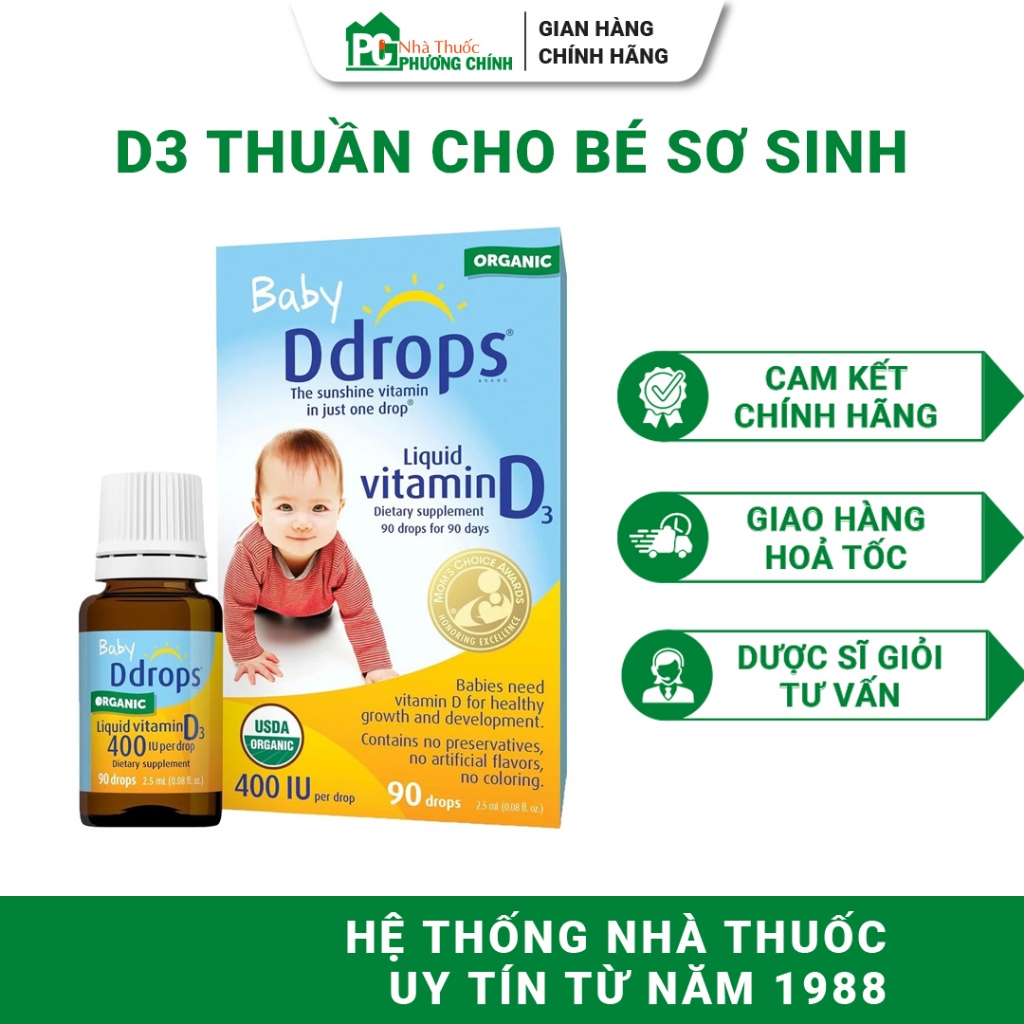 Baby Ddrops Vitamin D3 Hỗ Trợ Bổ Sung 400IU Vitamin D Mỗi Ngày Cho Trẻ Sơ Sinh Lọ 90 Giọt