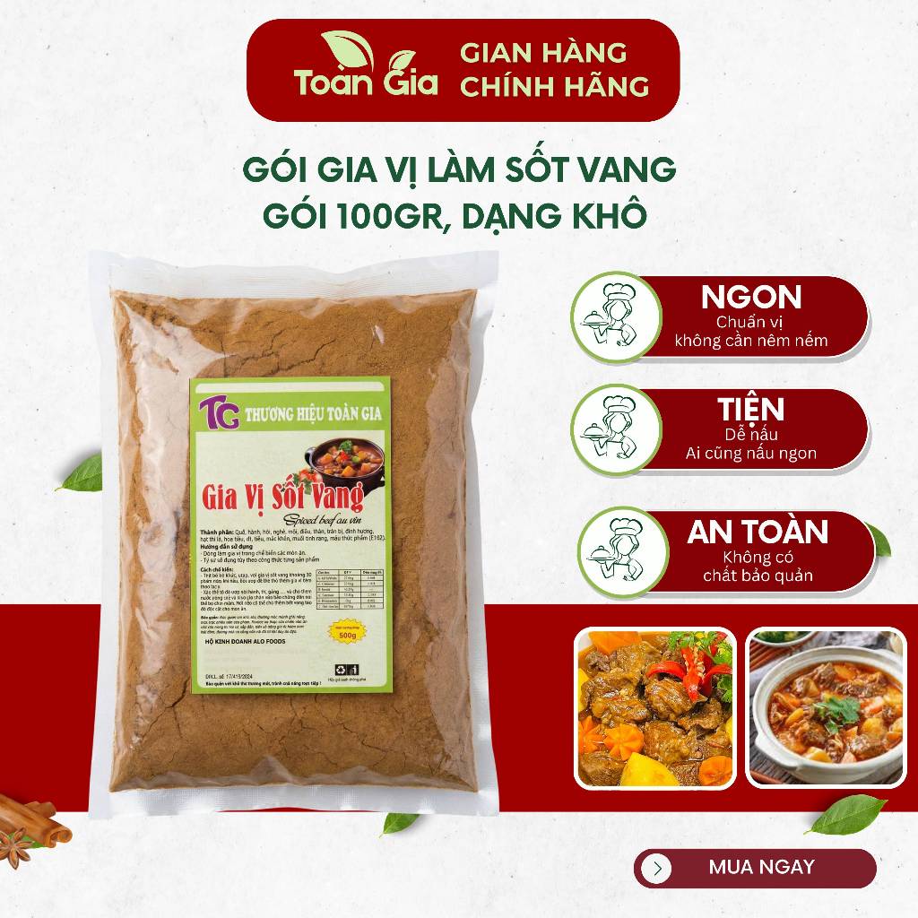 Gia vị sốt vang Toàn Gia gói 100g dạng khô, gia vị nấu bò sốt vang đậm đà thơm ngon, làm từ thành ph