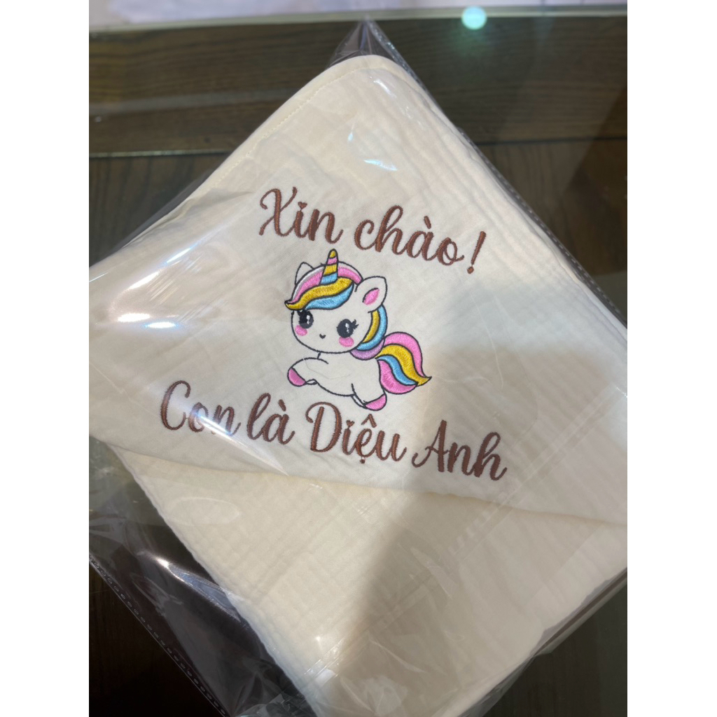 Choàng Ủ, Ủ choàng 6 lớp thêu tên bé chất liệu xô Muslin Organic