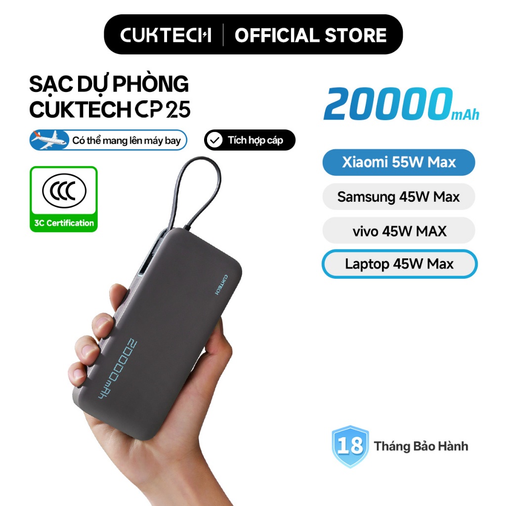 【Được chứng nhận CCC】CUKTECH Sạc Nhanh 55W 20000mAh – Tích Hợp Dây, Hỗ Trợ Xiaomi 55W Samsung 45W Laptop 45W iP 17/16/15