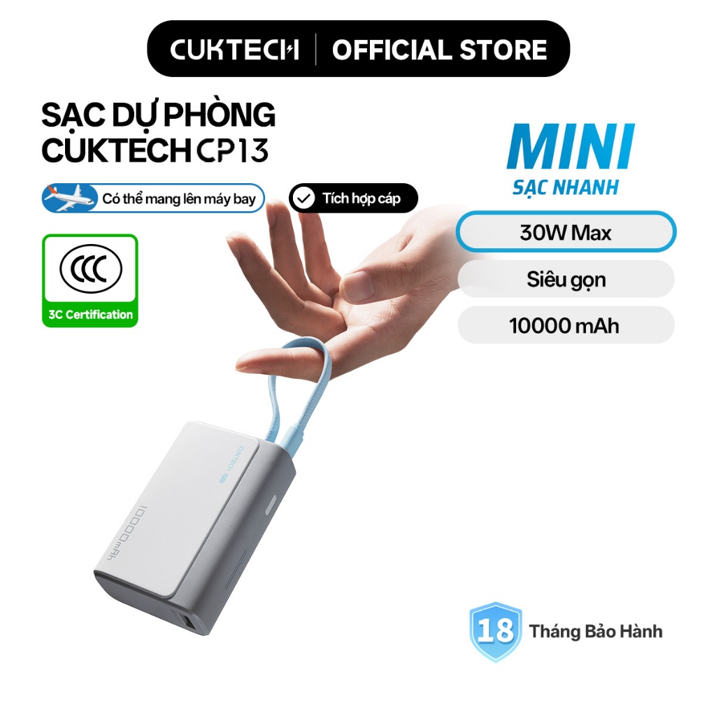 【Được chứng nhận CCC】CUKTECH Pin Dự Phòng Mini 10000mAh Sạc Nhanh 30W – Tích Hợp Dây Hỗ Trợ iP 16/15