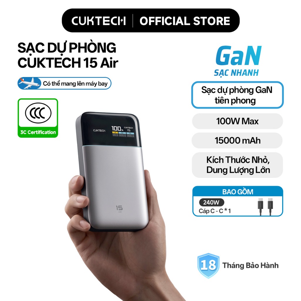 【Được chứng nhận CCC】CUKTECH Power Bank GaN tiên phong 100W Max 快充 15000mAh Xiaomi 90W Max Laptop 65W Samsung 45W iP17