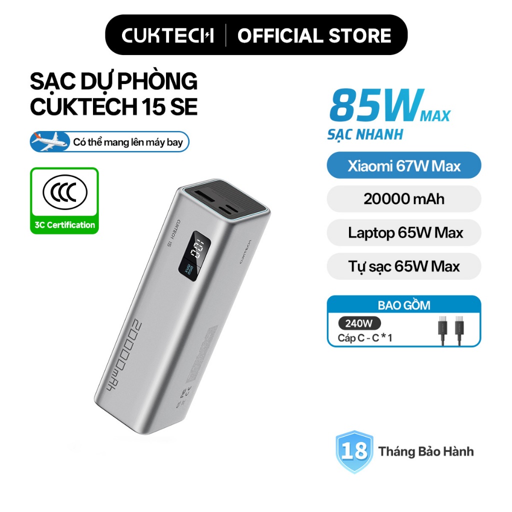 【Được chứng nhận CCC】CUKTECH Sạc Nhanh 85W 20000mAh – Hỗ Trợ Xiaomi 67W Laptop 65W Samsung 45W iP 16/15/14