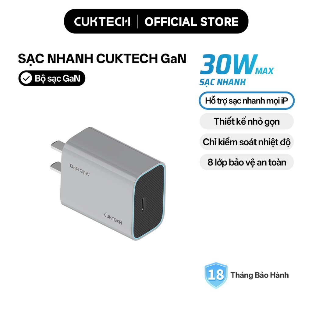 Củ Sạc Nhanh CUKTECH GaN 30W Mini Nhỏ Gọn Tương Thích 20W Cho iP 17/16/15/iPad/Samsung S26/Xiaomi 17