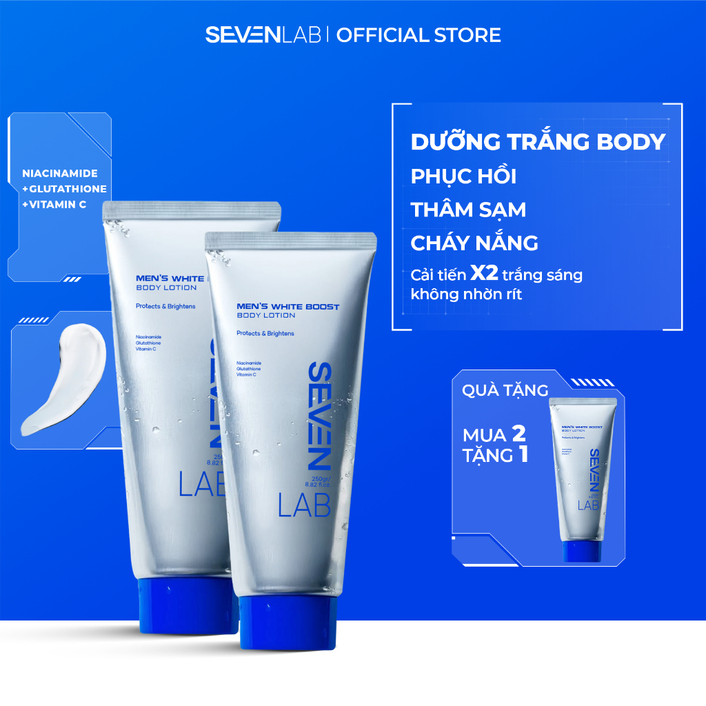 Sữa dưỡng thể trắng da nam giới SEVENLAB 250gram không nhờn dính, mờ thâm, đều màu da vượt trội