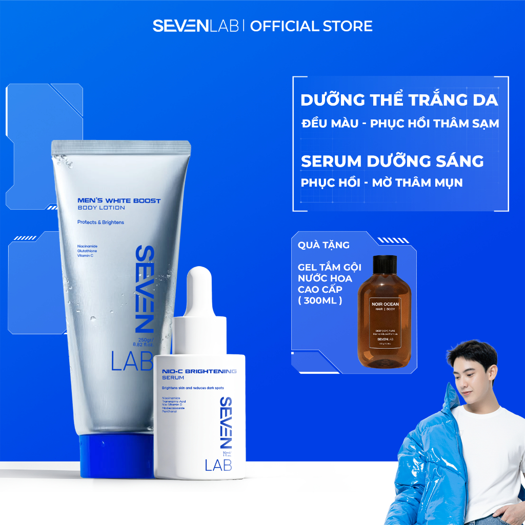 Combo sữa dưỡng thể và serum trắng da nam giới Nio-VitaminC SEVENLAB hỗ trợ mờ thâm, giúp sáng da vư