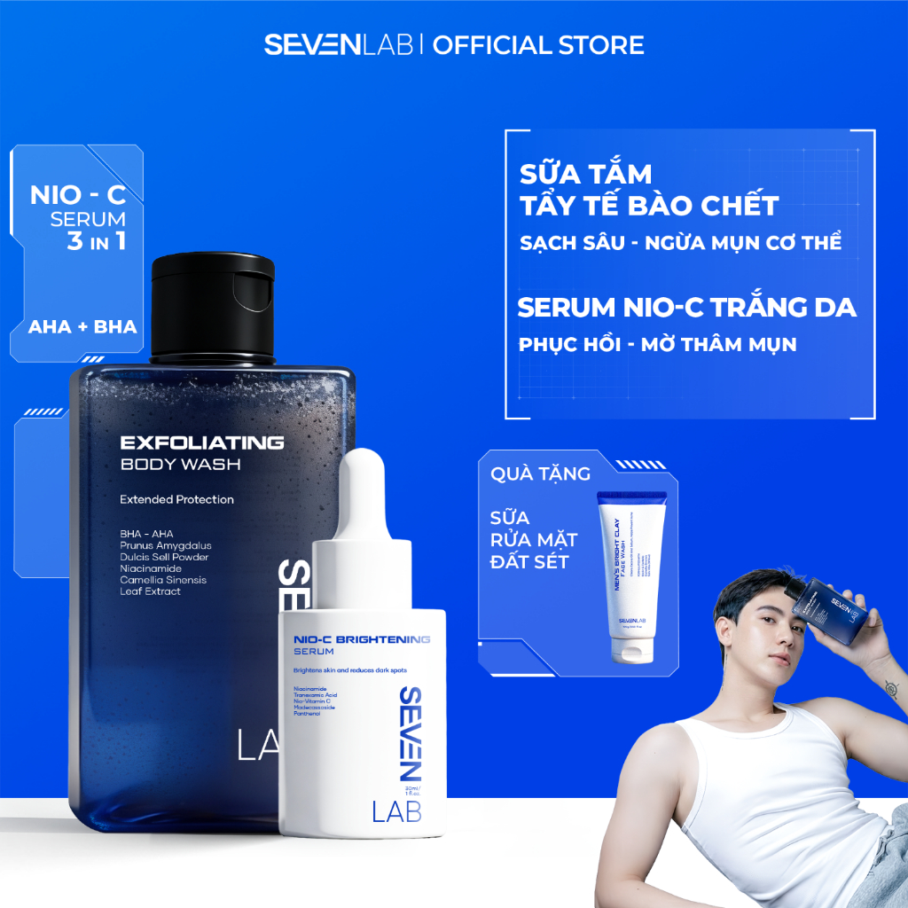Combo sữa tắm & serum dưỡng trắng da nam SEVENLAB giúp ngăn ngừa mụn lưng, cơ thể, mờ thâm, đều màu