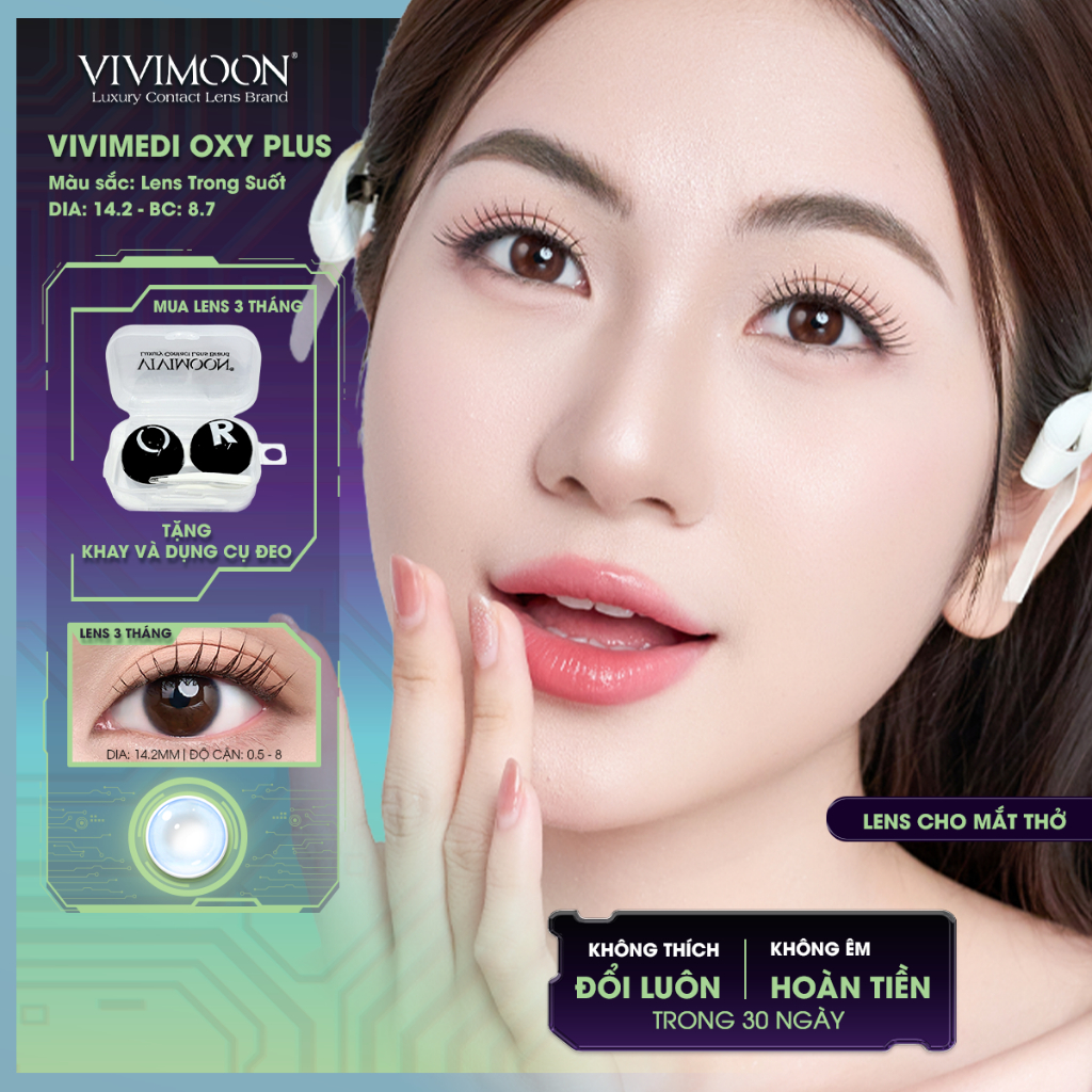 VIVIMOON lens cận mắt thở 100% Silicone Hydrogel, kính áp tròng Vivimedi Oxy Plus trong suốt sử dụng trong 3 tháng