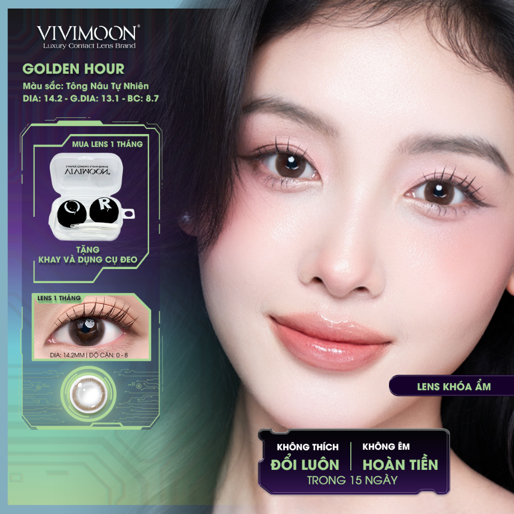 VIVIMOON lens cận khóa ẩm với công nghệ MPC cao cấp, kính áp tròng Golden Hour tông nâu tự nhiên sử dụng trong 1 tháng