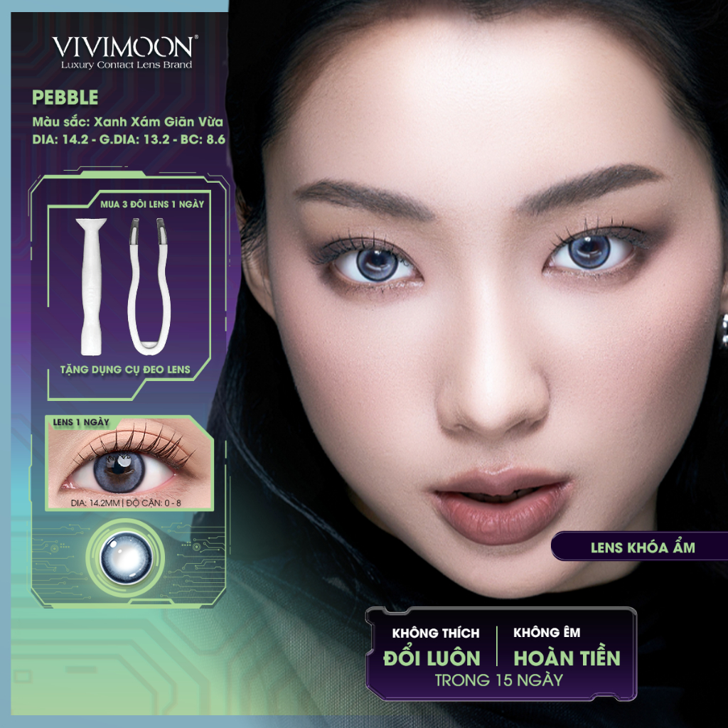 VIVIMOON lens cận khóa ẩm 1 ngày với lớp phủ MPC cao cấp, kính áp tròng Pebble màu xanh xám khói viền mỏng, giãn vừa