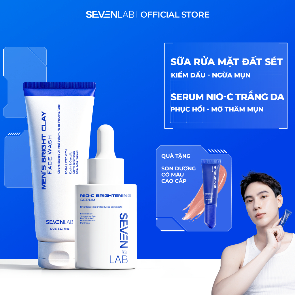 Combo serum dưỡng trắng sáng da và sữa rửa mặt giúp ngừa mụn nam giới SEVENLAB kiểm soát dầu, mờ thâ