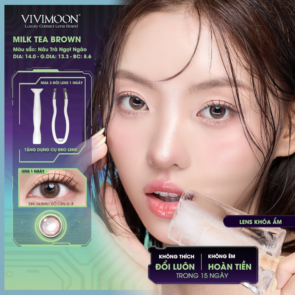 VIVIMOON lens cận khóa ẩm 1 ngày với công nghệ MPC cao cấp, kính áp tròng Milk Tea Brown màu nâu trà sữa