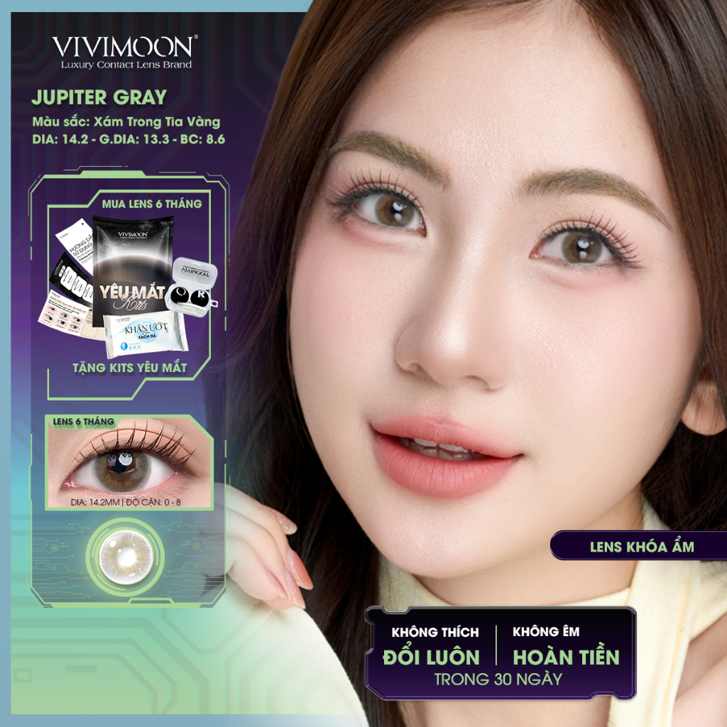 VIVIMOON lens cận khóa ẩm với công nghệ MPC cao cấp, kính áp tròng Jupiter Gray màu xám trong sử dụn