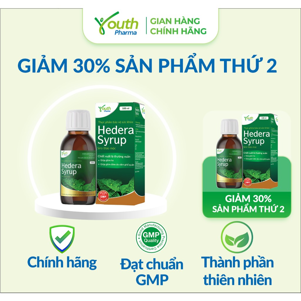 Combo 2 Chai Siro Ho Hedera Syrup Youth Pharma Hỗ Trợ Giảm Ho, Giảm Đờm