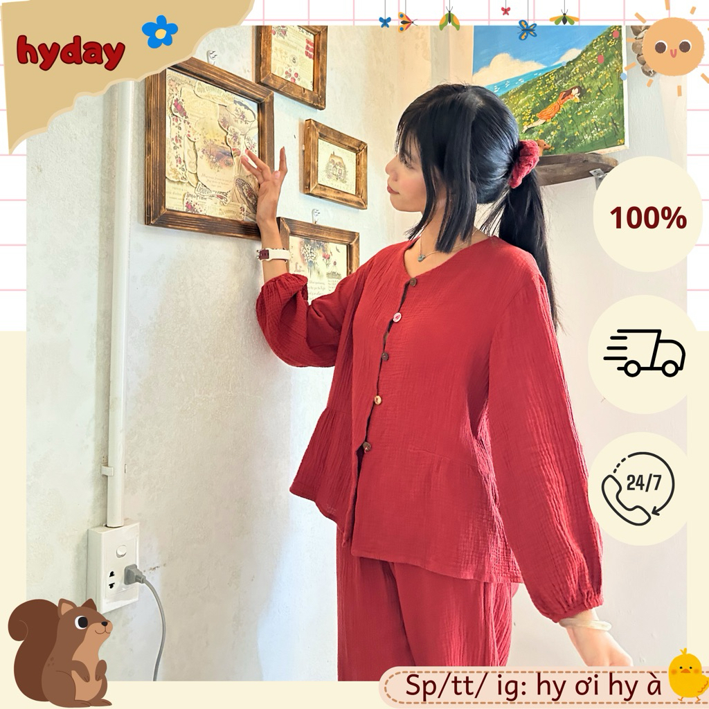 Bộ đồ ngủ nữ dáng dài xô muslin, pijama tay dài quần dài đỏ đô có mút phối nút gỗ mã Mùng 2 Hyday Mu