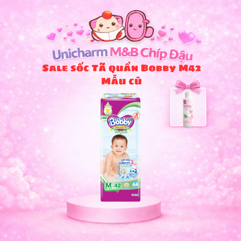 (Sale mẫu cũ) Tã quần Bobby M42 6-11kg (Vỏ hơi bẩn xíu). 1B tặng 1 chai ddvs