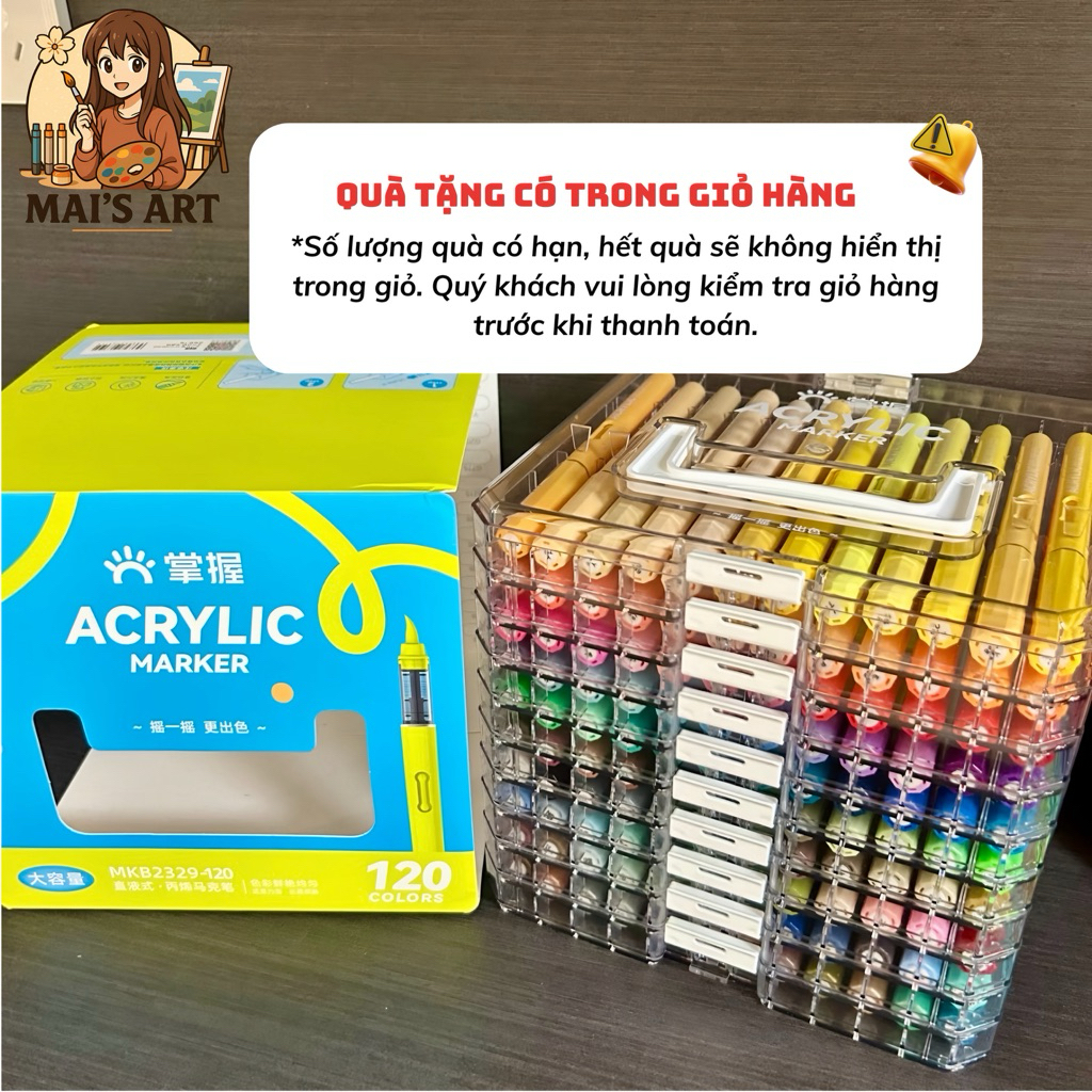 120 Màu Acrylic Marker Grasp Clear Box Ngòi Brush - Lượng Mực 2.8ml Vẽ Mọi Chất Liệu, Không Thấm Giấ