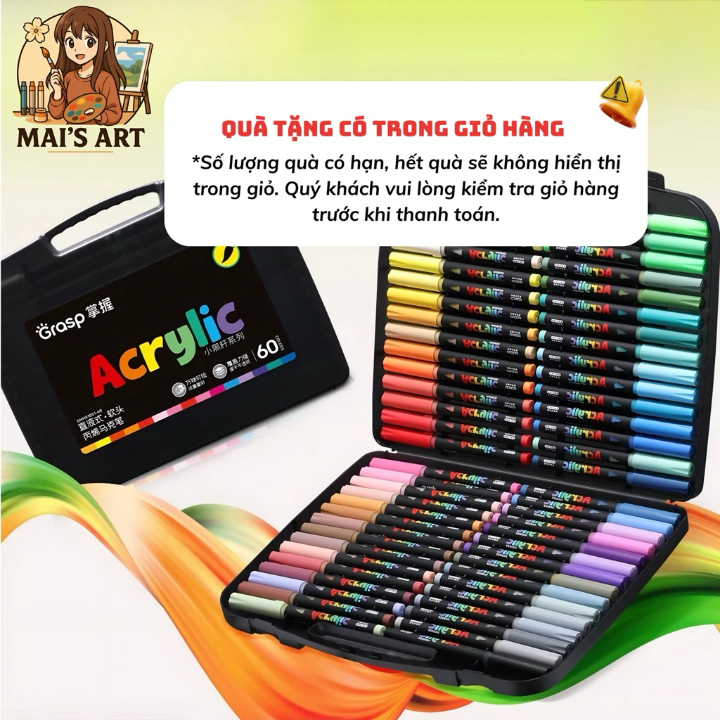 60 Màu Acrylic Marker Grasp Black Box Ngòi Brush - Lượng Mực 2.7ml Vẽ Mọi Chất Liệu Không Thấm Giấy 