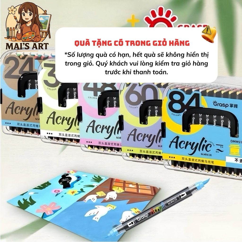84 Màu Acrylic Marker Grasp 2 Đầu Ngòi Brush & Bullet - Lương Mực 3.4ml Vẽ Mọi Chất Liệu, Không Thấm