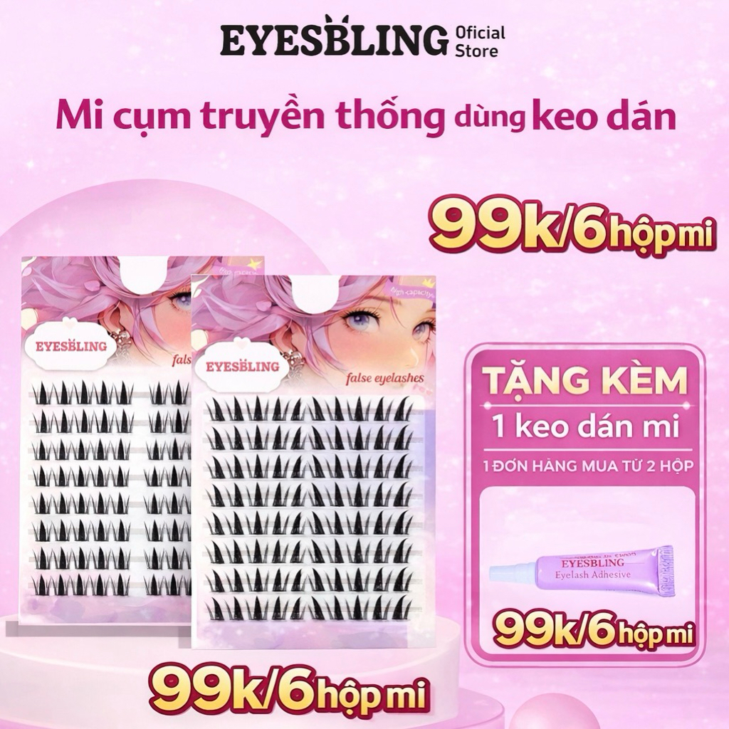 Lông Mi giả EYES-BLING cụm 99k 6 hộp. tặng keo khi đơn mua từ 2 hộp cho mỗi đơn,tái sử dụng được