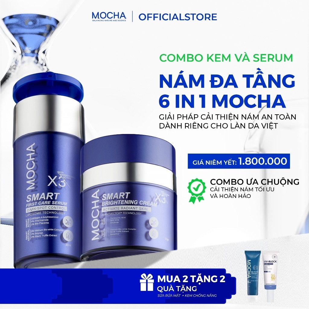Combo Giảm Sạm Nám Chuyên Sâu MOCHA Smart Brightening Cream và Smart First Care Serum, Mua 2 Tặng 2