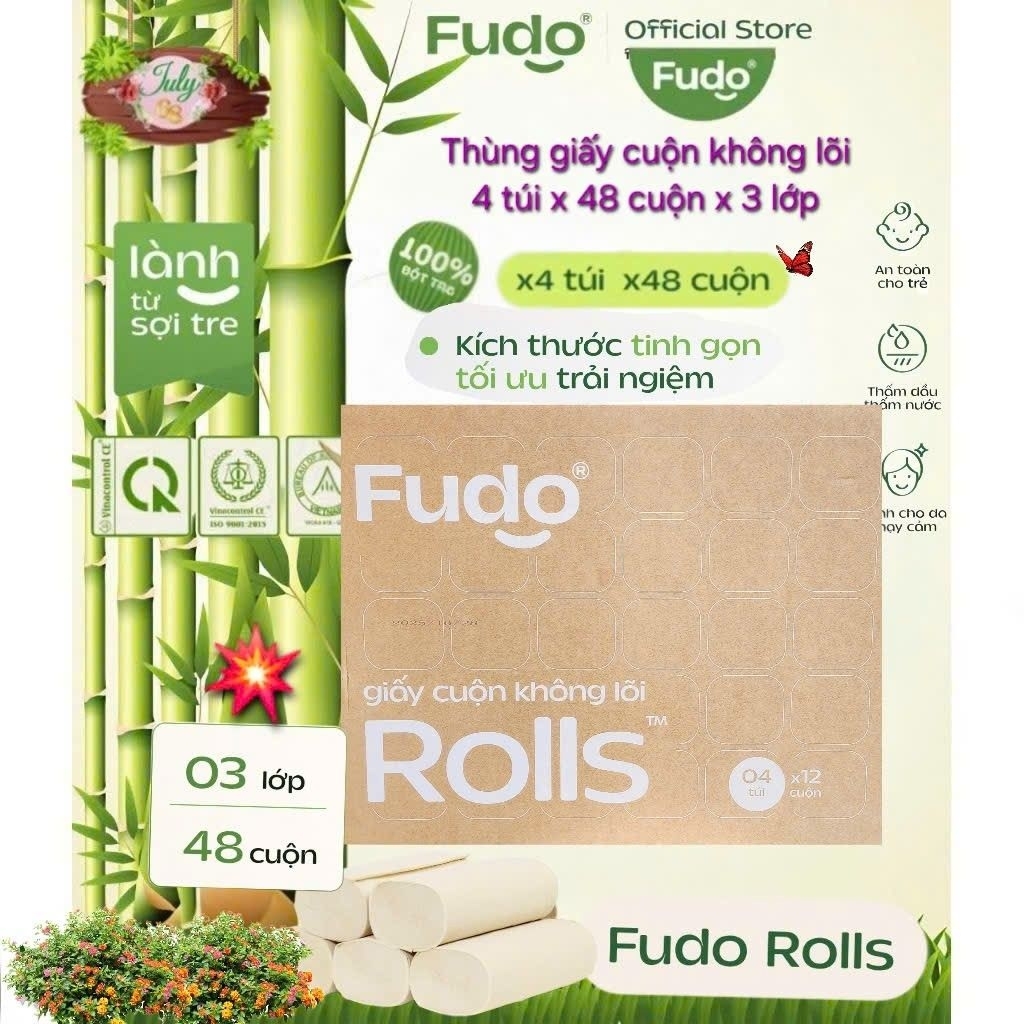 (Fudo) GIẤY VỆ SINH KHÔNG LÕI FUDO. Giấy làm từ bột tre, không tẩy trắng, không rã nát khi thấm nước