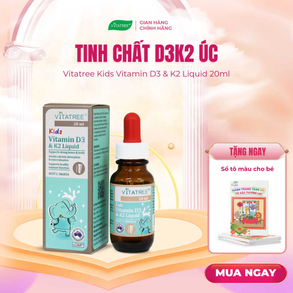 TPBVSK Vitatree Kids Vitamin D3 & K2 Liquid 20ml -  Tinh Chất D3K2 Hỗ Trợ Hấp Thu Canxi Cho Trẻ