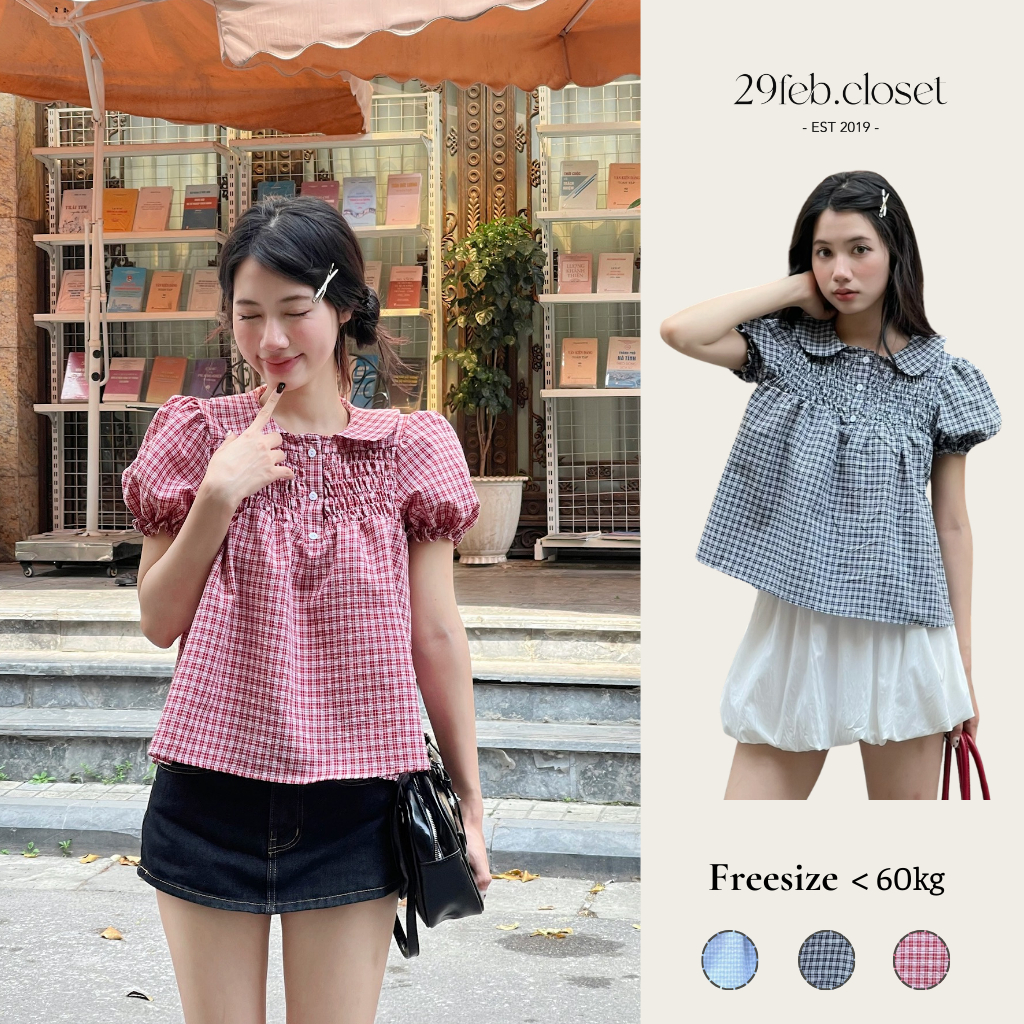 Áo babydoll kẻ caro cổ sen dễ thương, Áo kiểu kẻ caro dễ thương, Áo kiểu nữ mùa hè cổ sen – A595 - 29feb.closet | BigBuy360 - bigbuy360.vn