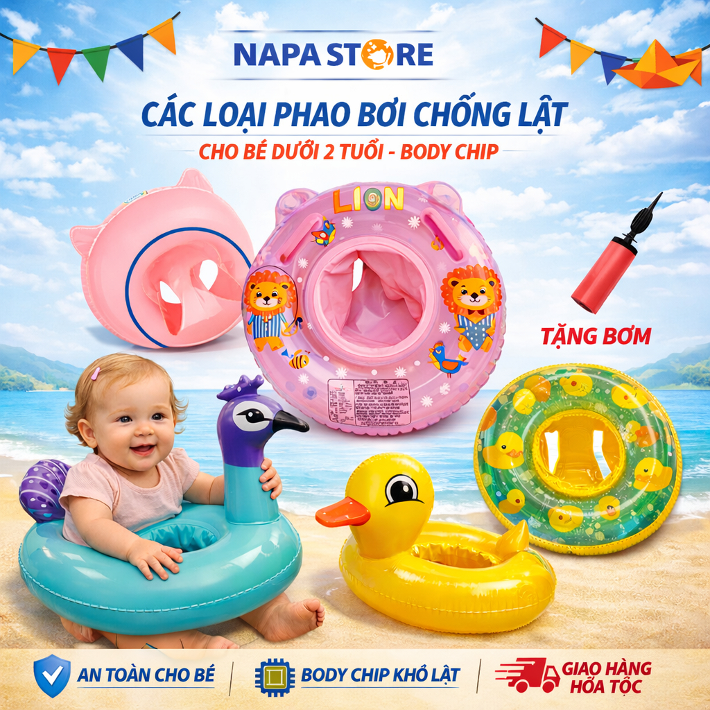Phao Bơi Chống Lật Baby Cao Cấp Hình Thú Ngộ Nghĩnh Cho Bé Dưới 2 Tuổi Có Kèm Bơm