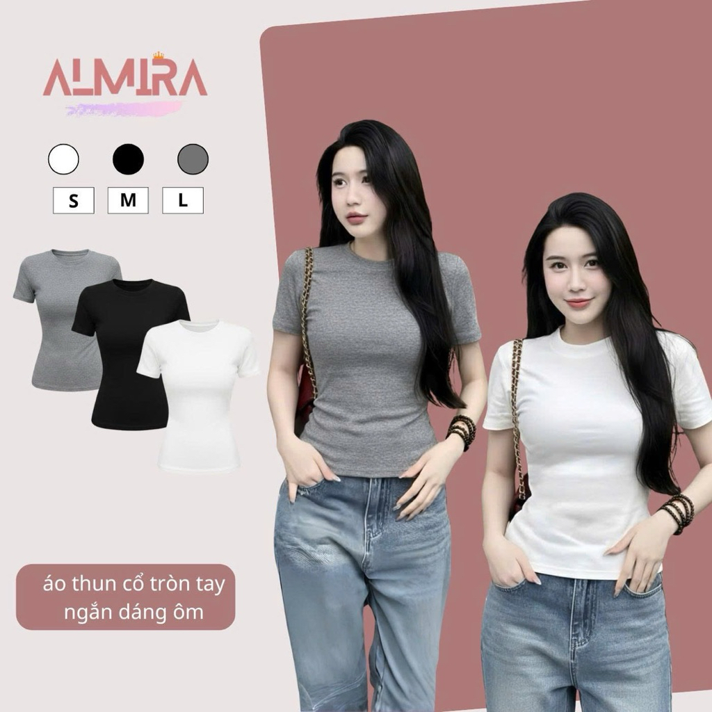 Áo Thun Cổ Tròn Tay Ngắn Dáng Ôm Chất Zip Almira