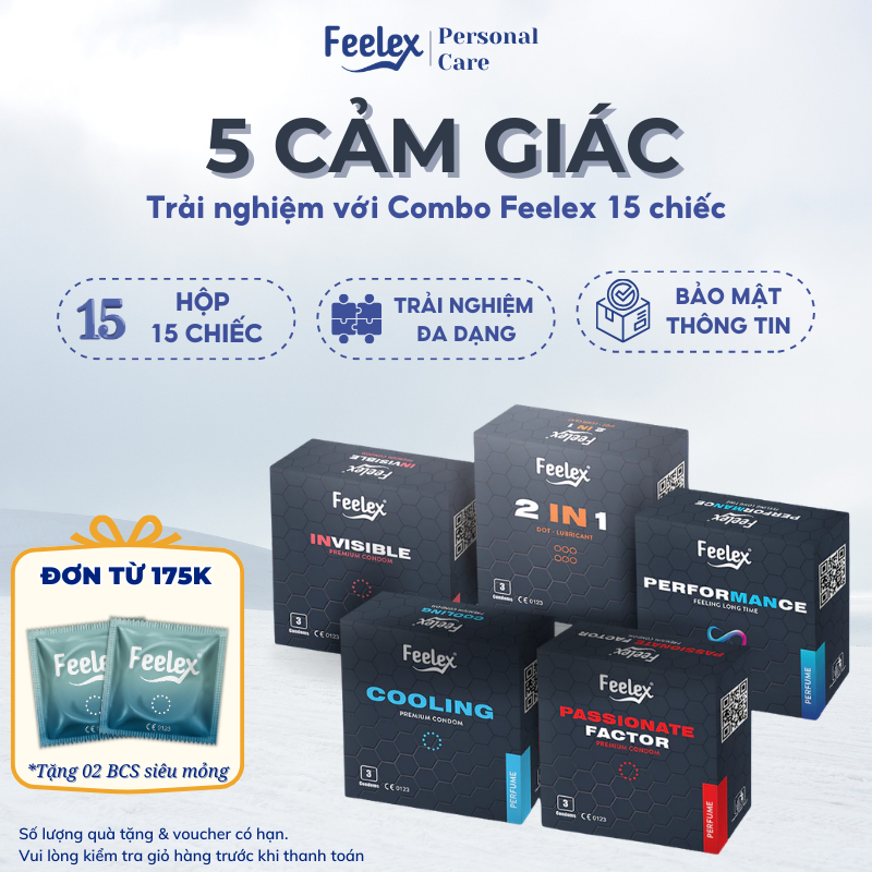 Combo bao cao su Feelex siêu mỏng 5 in 1 đa dạng, nhiều tính năng, nhiều gel bôi trơn - 15 chiếc