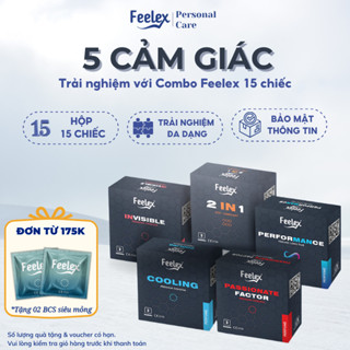 Combo bao cao su Feelex siêu mỏng 5 in 1 đa dạng, nhiều tính năng, nhiều gel bôi trơn - 15 chiếc