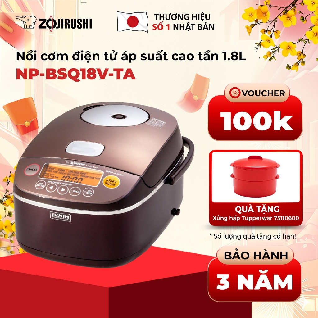 Nồi Cơm Điện Tử Áp Suất Cao Tần ZOJIRUSHI NP-BSQ18V-TA 1,8L- Dùng Điện 220V, Bảo Hành chính hãng