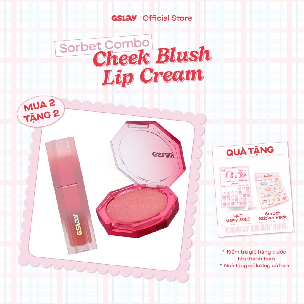Combo GSLAY SORBET Má hồng kem hoá phấn thuần chay mịn lì (5g) & Son kem mịn mượt mờ lì thuần chay (