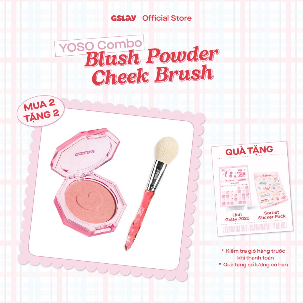 Combo GSLAY YOSO Phấn Má Hồng mịn lì, lên chuẩn màu (5g) và Cọ Má Hồng lông cọ mềm mượt, tán phấn đề