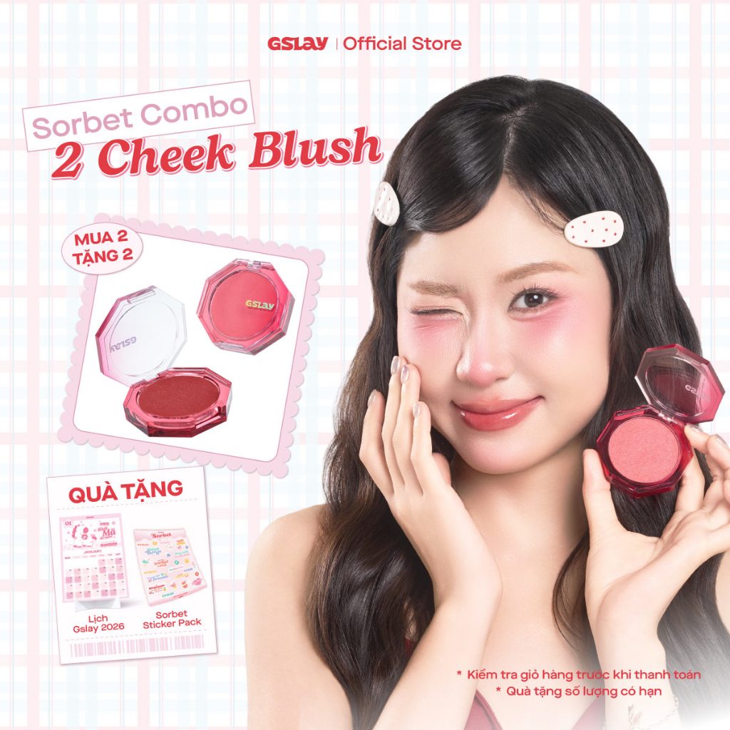 Combo 02 Má Hồng Kem Hoá Phấn GSLAY Sorbet Cheek Blush thuần chay mịn lì và nhũ bắt sáng dễ tán bền 