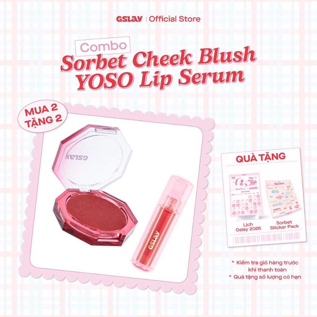 Combo GSLAY YOSO Lip Serum dưỡng ẩm, tái tạo môi (1ml) & GSLAY Sorbet Cheek Blush thuần chay mịn lì 