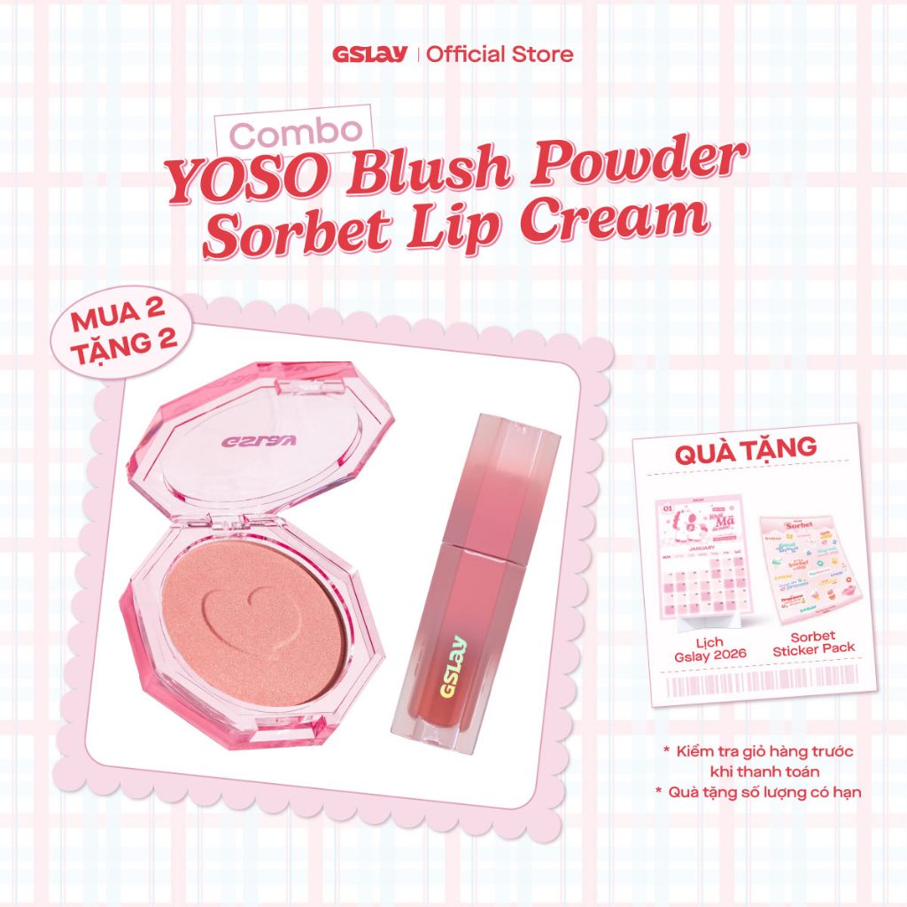 Combo GSLAY YOSO Blush Powder mịn lì lên chuẩn màu (5g) & GSLAY Sorbet Lip Cream mịn lì thuần chay g