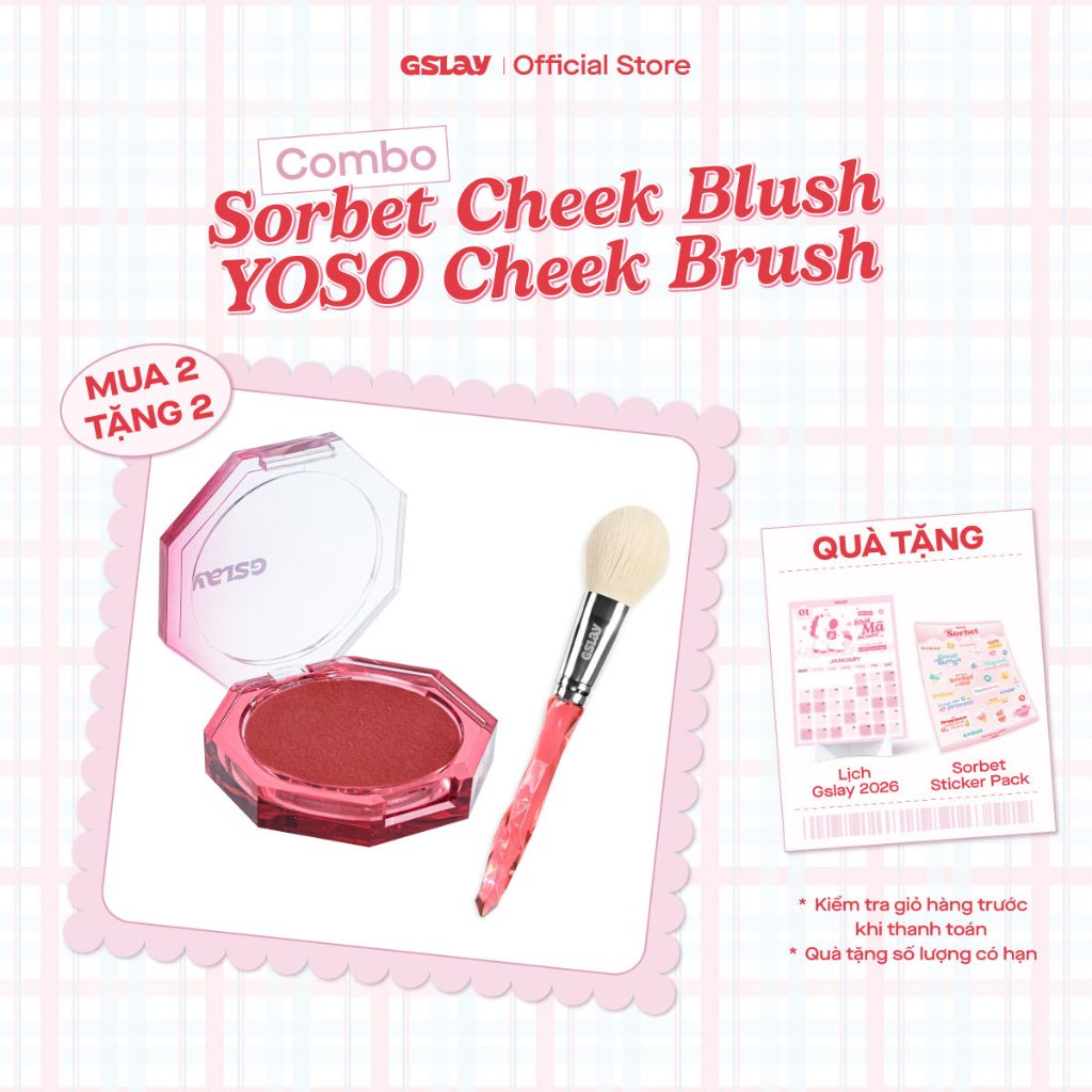 Combo Má Hồng Kem GSLAY Sorbet Cheek Blush mịn lì, dễ tán bền màu (5g) và Cọ Má Hồng lông cọ mềm mượ