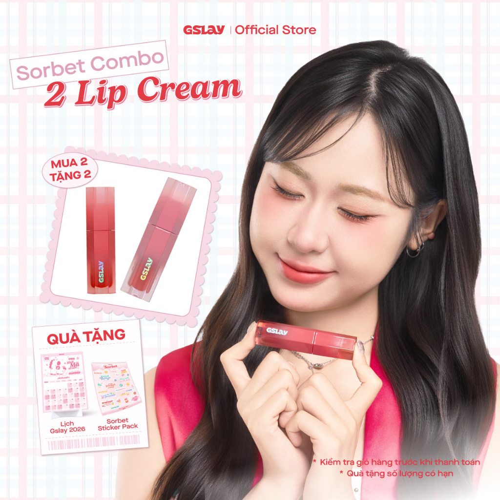 Combo 02 Son Kem GSLAY Sorbet Lip Cream mịn lì thuần chay che phủ rãnh môi giữ màu lâu trôi không kh