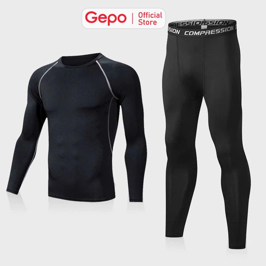 GEPO Bộ quần áo giữ nhiệt 2 in 1 nam dài tay chuyên tập gym chạy bộ đá bóng chất liệu thun co dãn